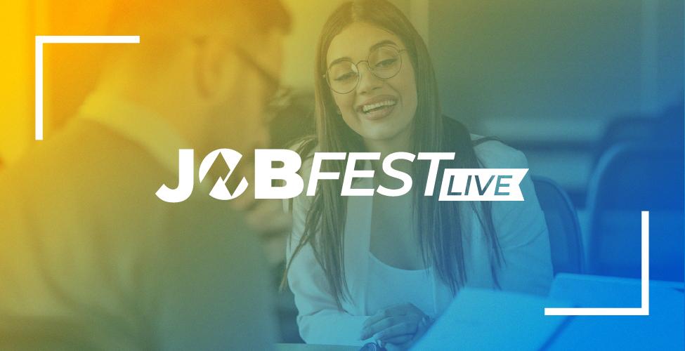 JobFest LIVE banner featuring two professionals in conversation with the JobFest LIVE logo, representing an in-person career fair connecting employers with students, alumni, and community job seekers.