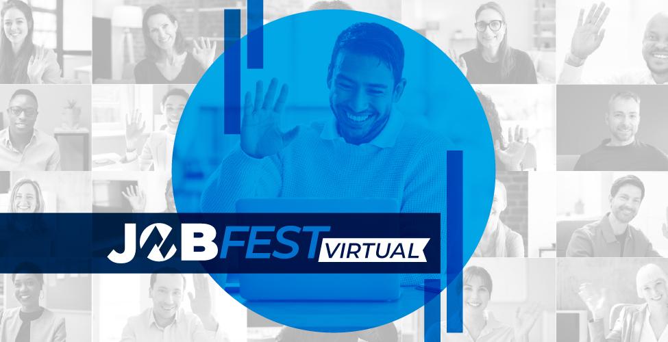 JobFest VIRTUAL event banner featuring a professional in a video meeting.
