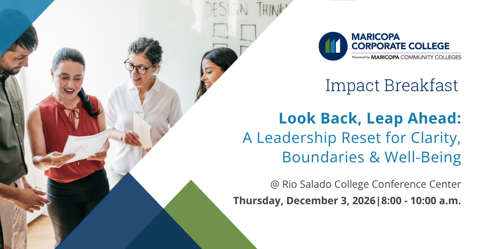 Impact Breakfast promotional graphic featuring professionals collaborating for the "Look Back, Leap Ahead" leadership event.