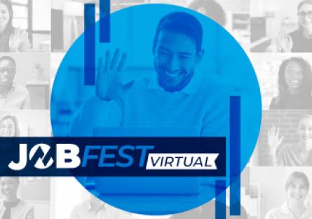 JobFest VIRTUAL event banner featuring a professional in a video meeting.