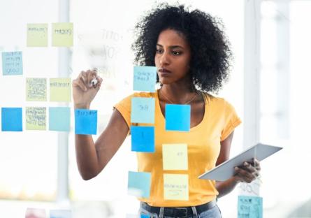 A woman goal-setting at work. 