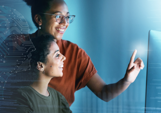 Two professional woman pointing at computer screen with technology overlay